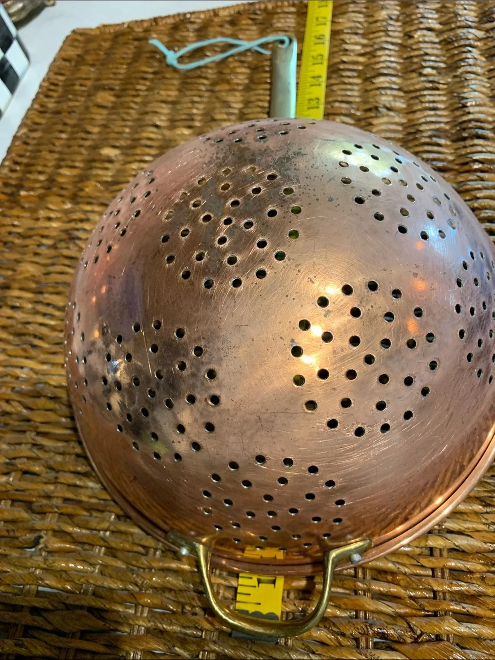 vintage copper colander strainer with a long brass handle 16”L